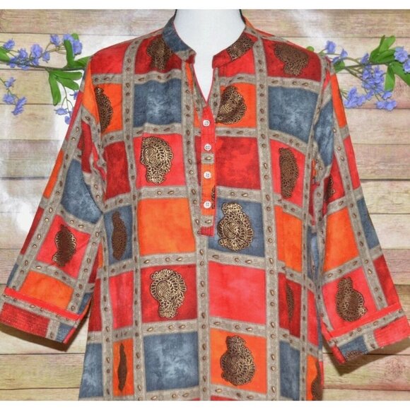 Panchi Indian Pakistani Kurta Tunic Dress 3/4 Sleeve Size M Color Block Flannel - Picture 2 of 11